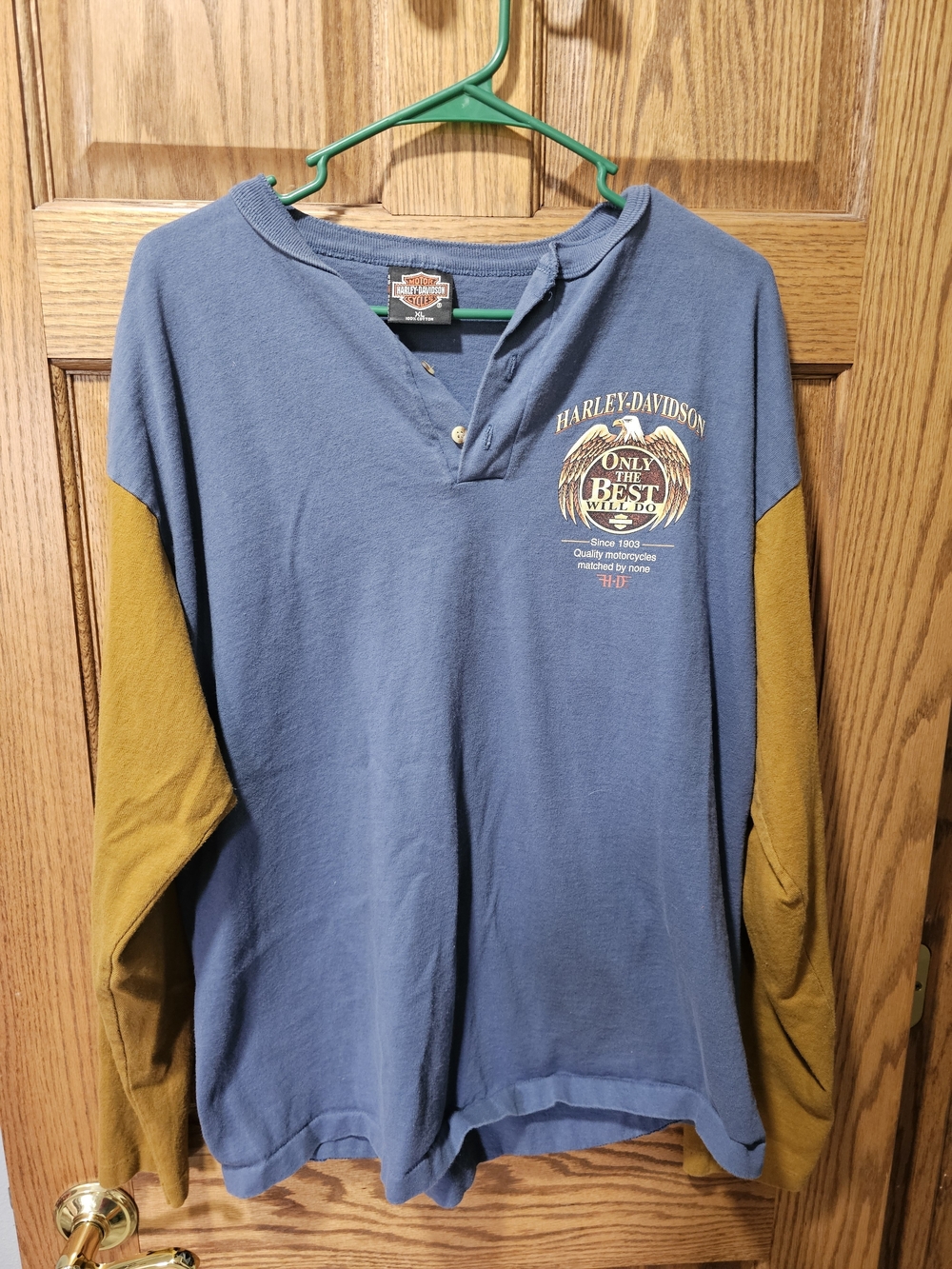Harley-Davidson Blue & Mustard Long Sleeve Henley Vintage 90's
